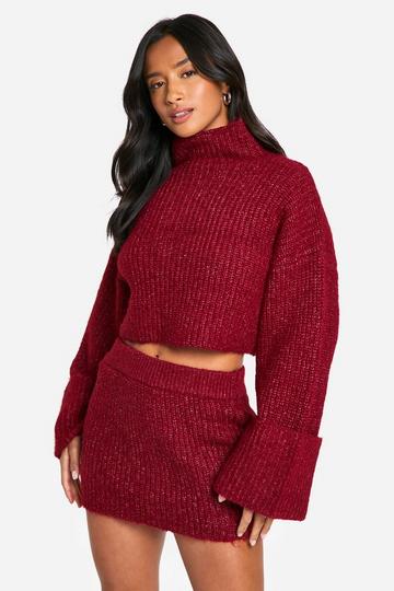 Petite High Neck Oversized Crop Knitted Jumper And Micro Mini Skirt Set berry