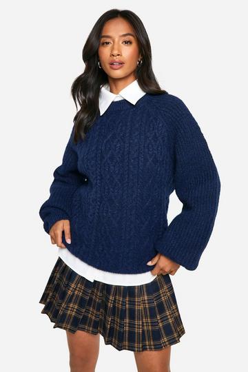 Petite Cable Knit Oversized Crew Neck Jumper navy