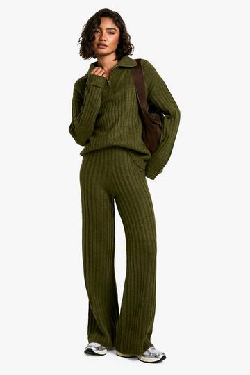 Tall Soft Knit Thick Rib Zip Neck Oversized Jumper And Wide Leg Pants Set khaki