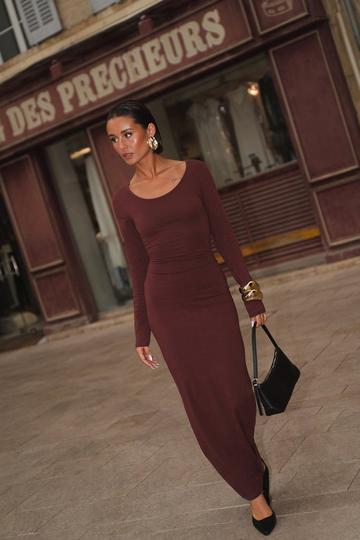 Basic Long Sleeve Scoop Neck Maxi Dress chocolate