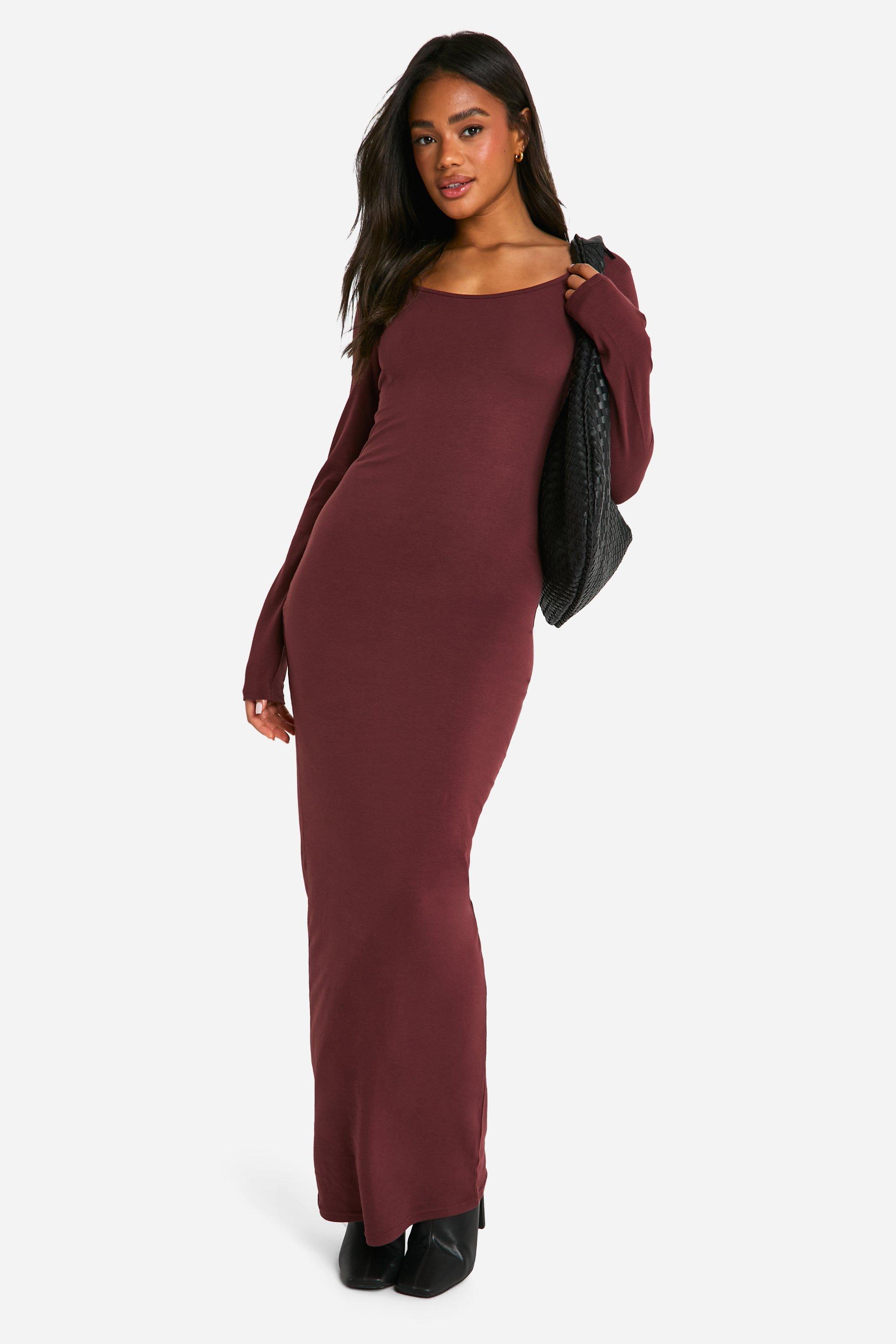 Boohoo Women s Basic Long Sleeve Scoop Neck Maxi Dress Brown