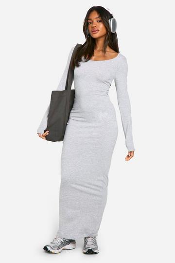 Basic Maxi Jurk Met Lange Mouwen En Lage Ronde Hals grey