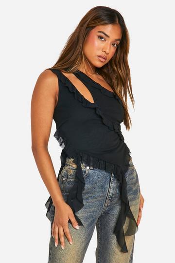 Black Petite Asymmetric Mesh Top