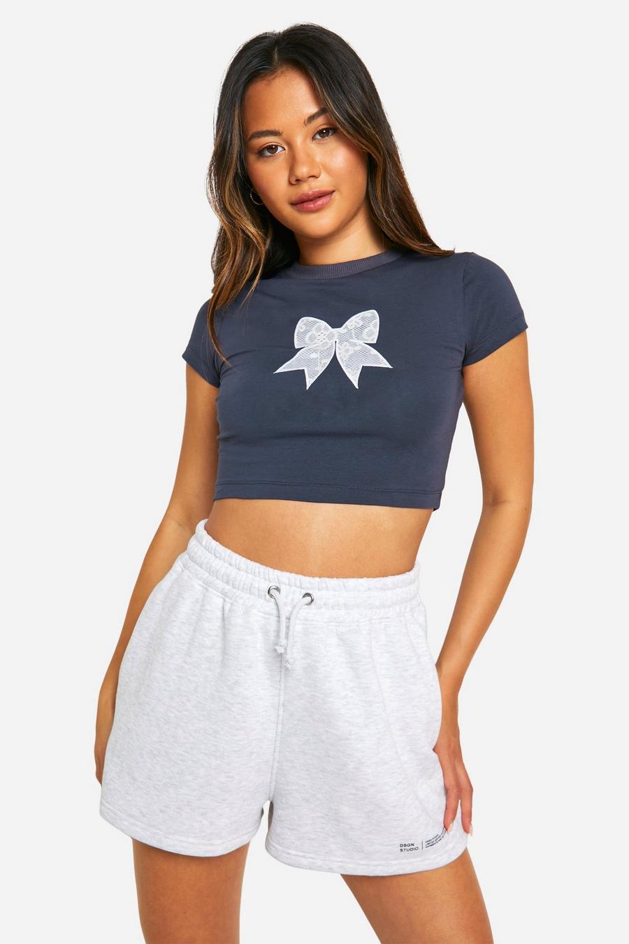 Navy Lace Applique Bow Front Tee