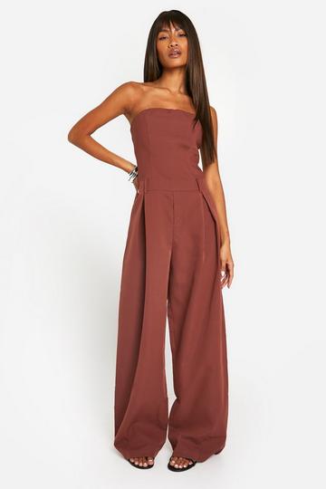 Getailleerde Strapless Wide Leg Jumpsuit chocolate