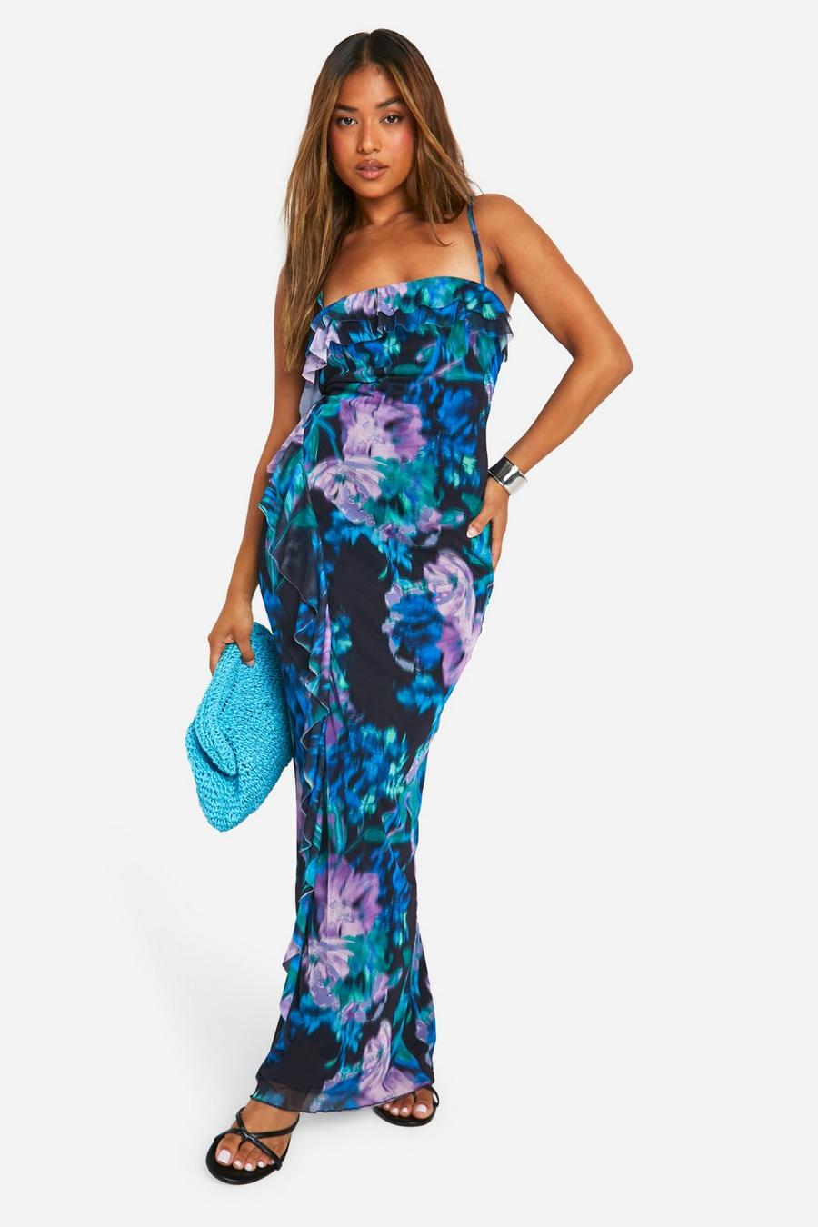 Purple Petite Abstract Floral Ruffle Maxi Dress