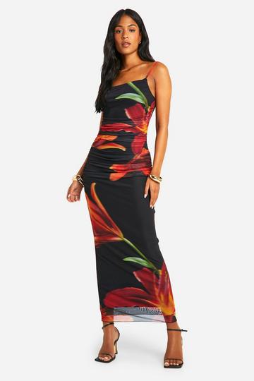 Petite Ruched Drape Bold Floral Midi Dress black