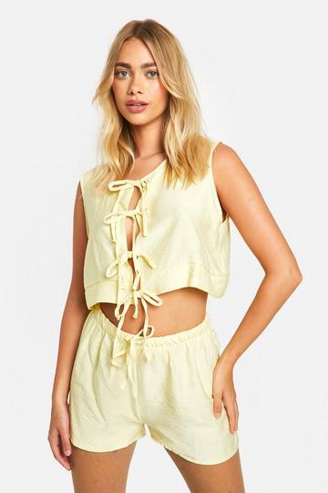 Linen Look Tie Front Sleeveless Blouse & Flippy Shorts lemon