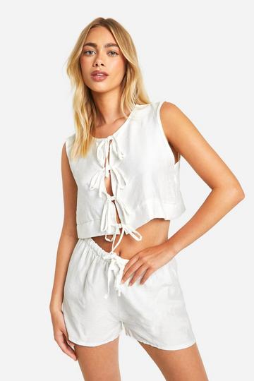 Mouwloze Linnen Look Blouse Met Strik En Losse Shorts white