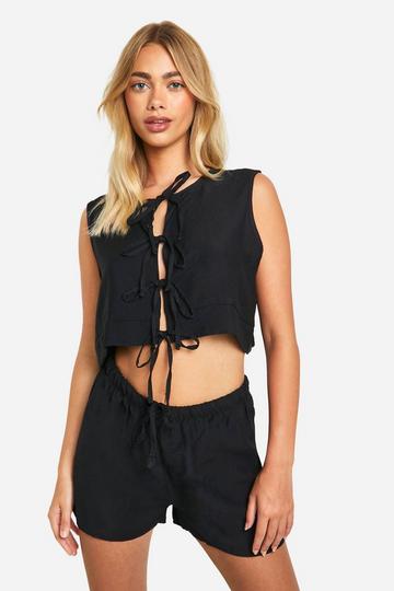 Linen Look Tie Front Sleeveless Blouse & Flippy Shorts black