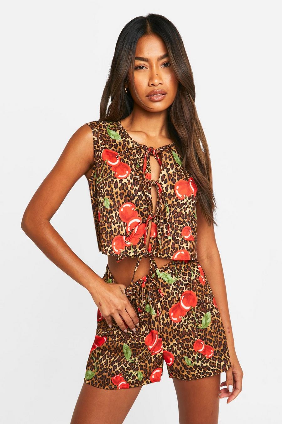 Linen Look Tie Front Cherry Leopard Blouse & Flippy Shorts  
