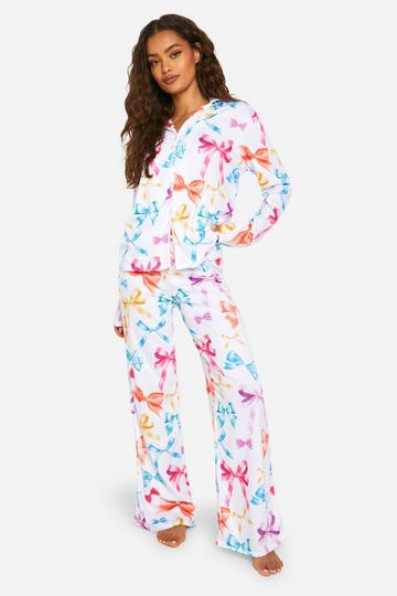 Bow Print Long Sleeve Shirt & Trousers Pyjama Set multi