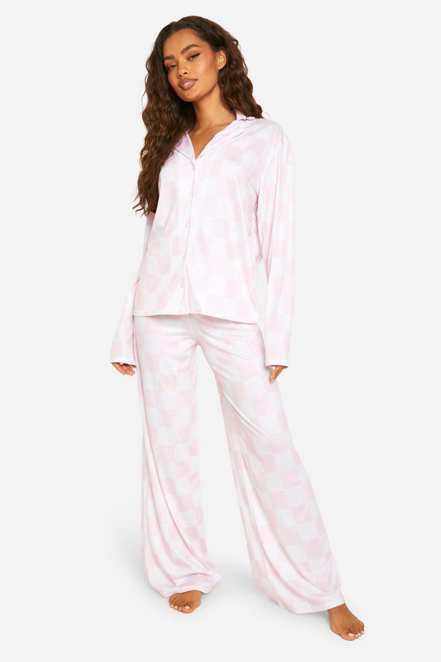 Pink Checkerboard Shirt And Pants Pajama Set image number 1