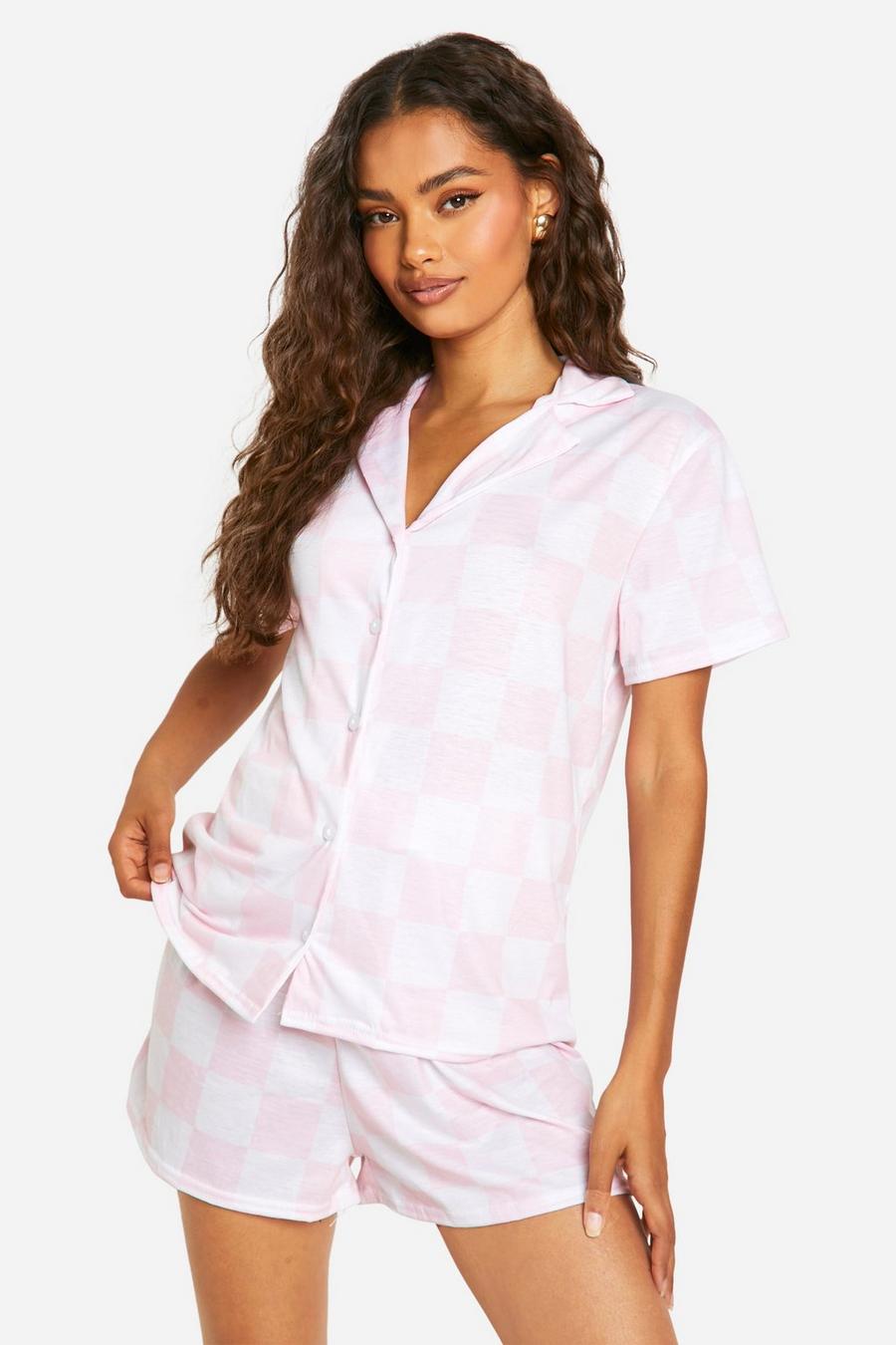 Pink Checkerboard Pajama Shirt And Short Set image number 1