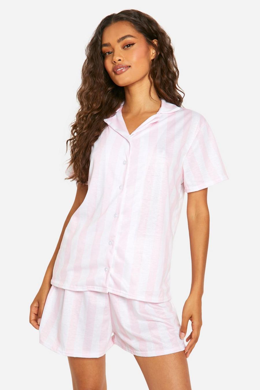 Pink Stripe Pajama Shirt And Short Set image number 1