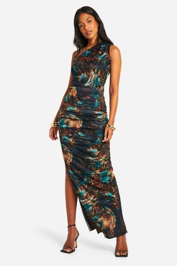 Tall Asymmetric Ruched Animal Print Maxi Dress animal