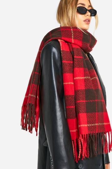 Red Checked Tassel Scarf