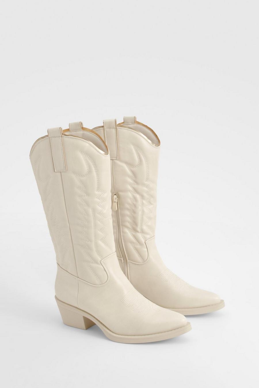Cream Metallic Trim Embroidered Calf High Western Boots image number 1