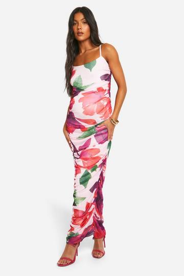 Maternity Mesh Floral Print Strappy Maxi Dress pink