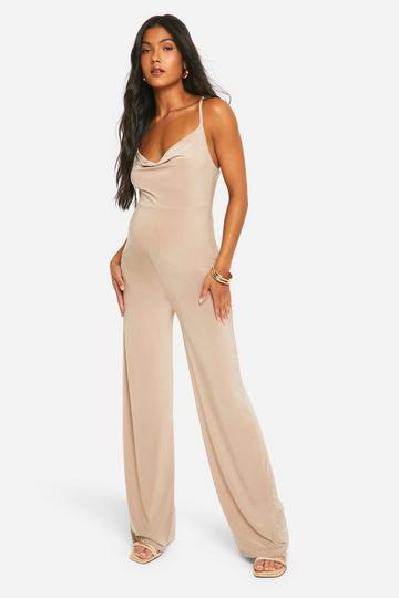 Stone Beige Maternity Slinky Cross Over Wide Leg Jumpsuit