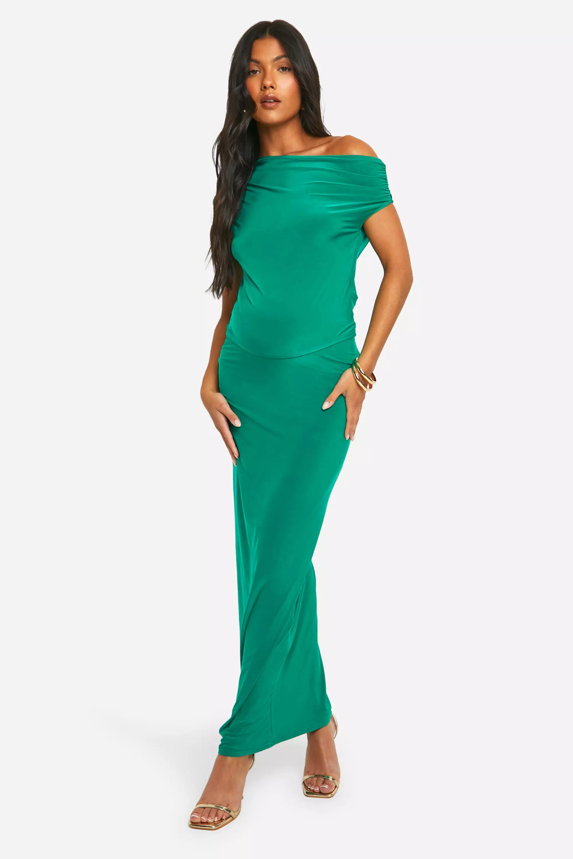 Bright green Maternity Slinky Asymmetric Neck Top صورة بديلة