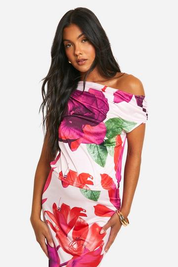 Pink Maternity Floral Print Slinky Asymmetric Neck Top