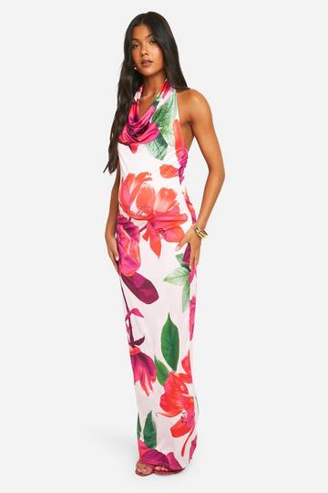 Maternity Floral Print Slinky Halter Cowl Maxi Dress pink