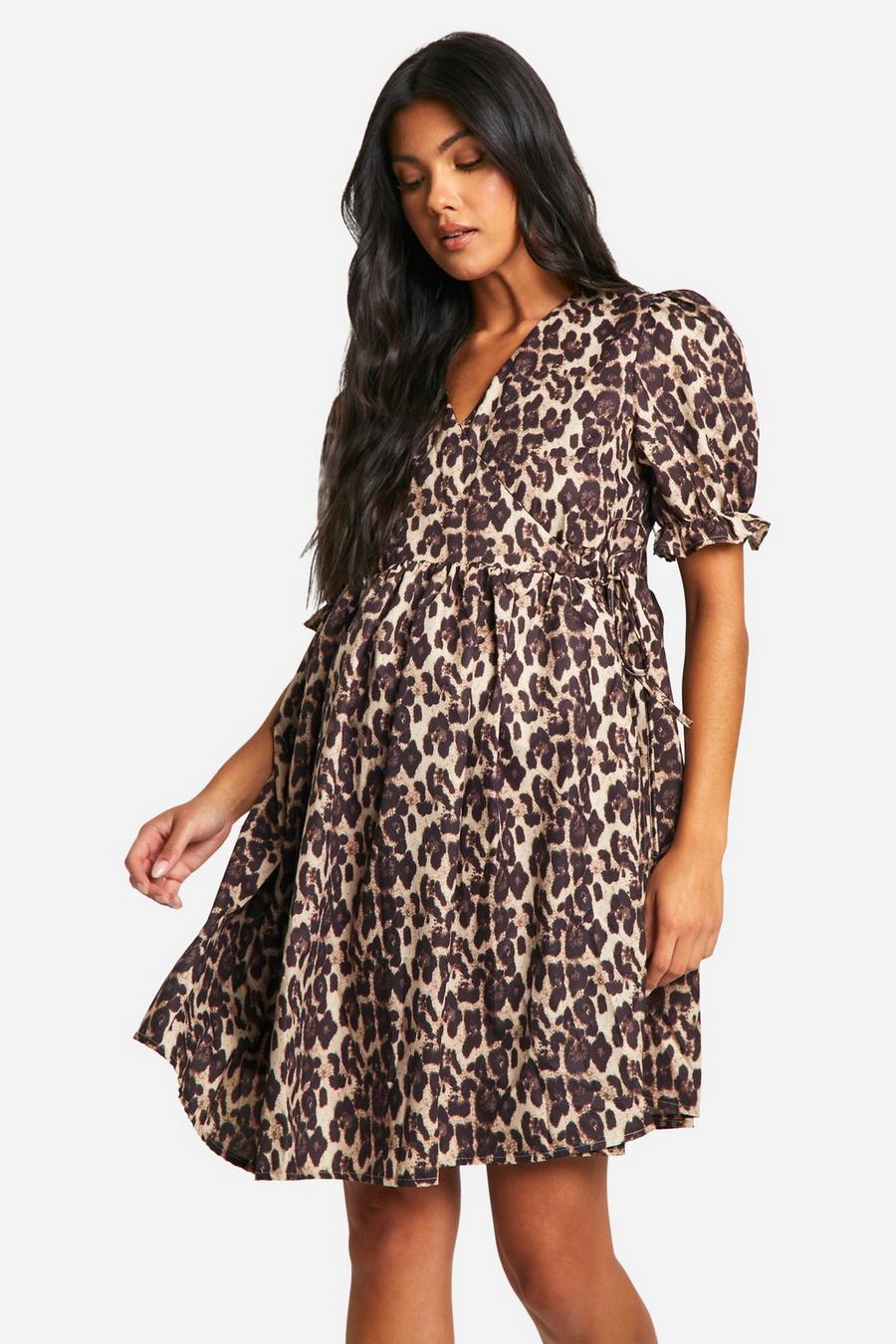 Brown Maternity Leopard Poplin Wrap Over Smock Dress image number 1