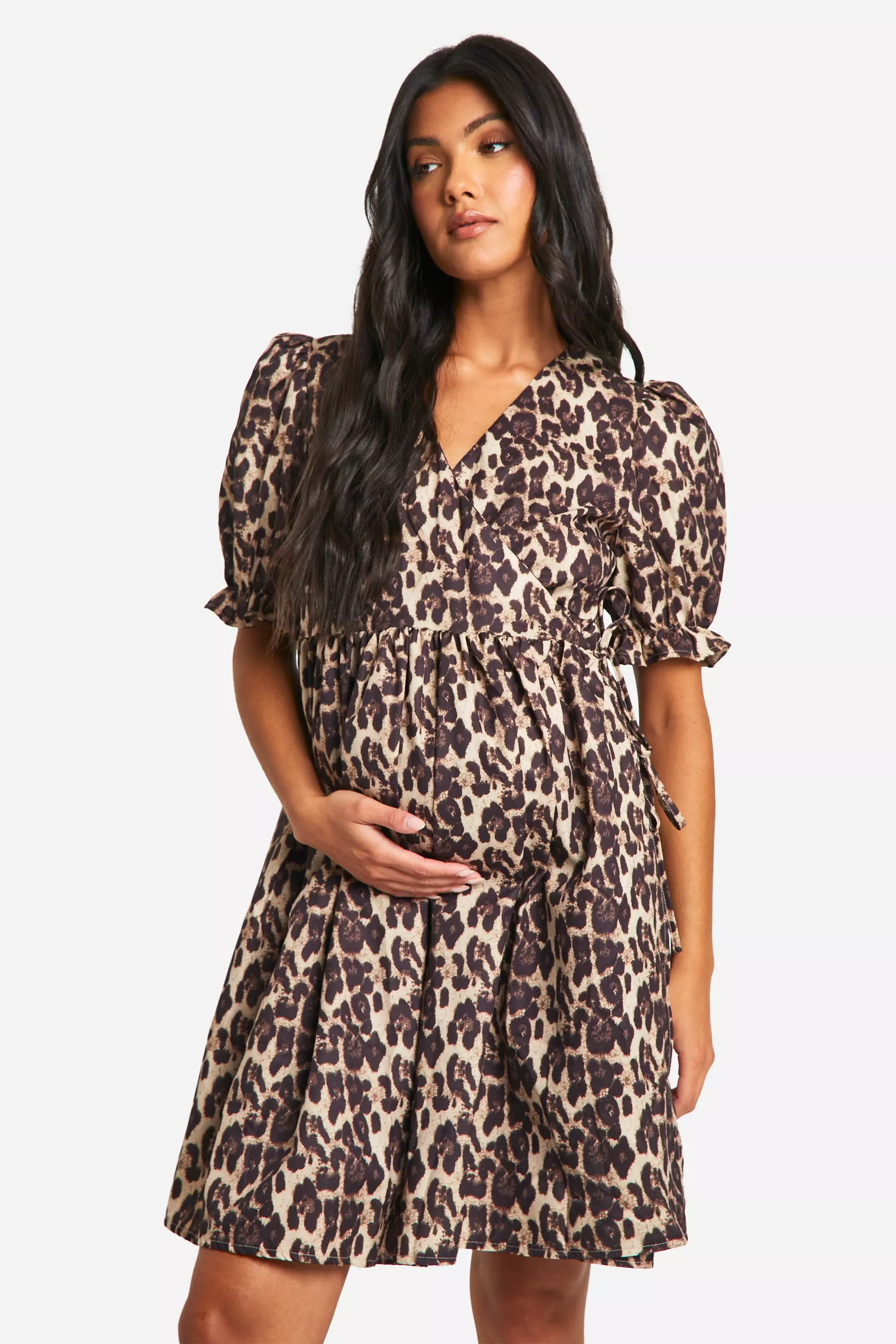 Brown Maternity Leopard Poplin Wrap Over Smock Dress صورة بديلة