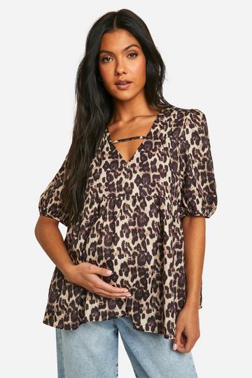 Maternity Leopard V Neck Puff Sleeve Smock Top brown