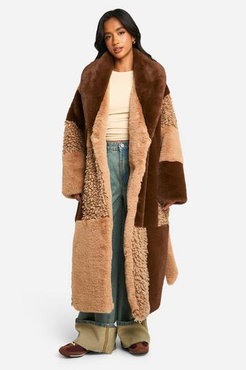 Brown Petite Patchwork Faux Fur Belted Coat