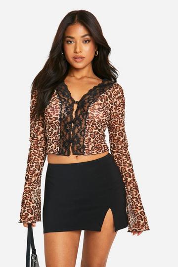 Multi Petite Lace Trim Leopard Print Mesh Top