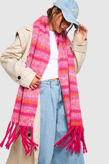 Striped Chunky Tassel Scarf bright pink