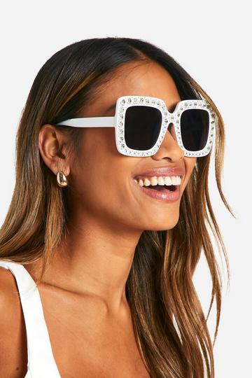 White Embellished White Square Sunglasses