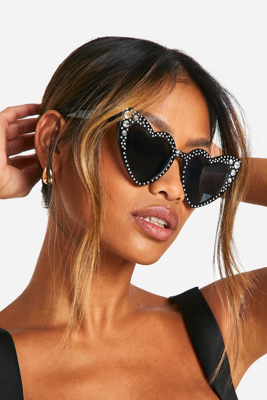 Black Diamante Heart Shape Sunglasses image number 1