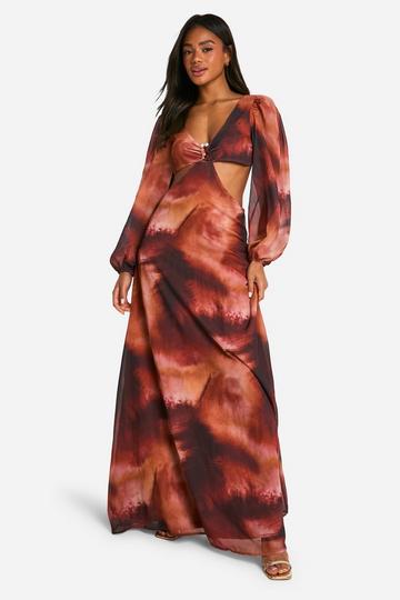 Brown Chiffon Print Trim Maxi Dress