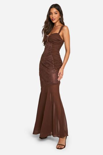 Lace Chiffon Mix Ruched Maxi Dress chocolate