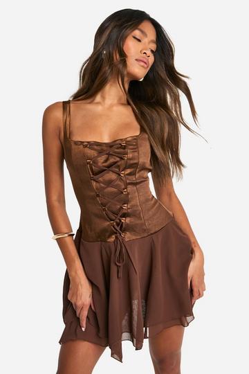 Satin Chiffon Mix Corset Mini Dress chocolate