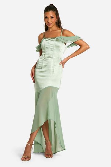 Satin Chiffon Mix Corset Drape Maxi Dress green