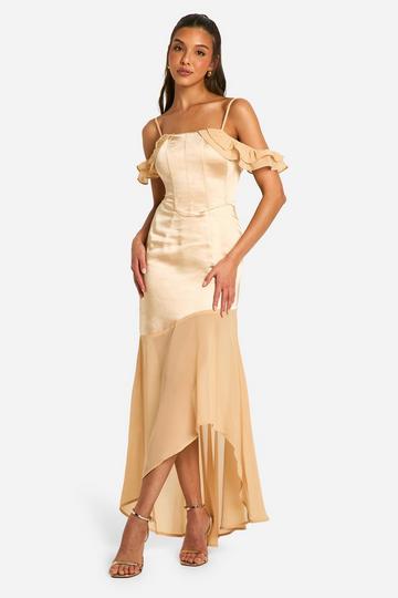 Satin Chiffon Mix Corset Drape Maxi Dress champagne