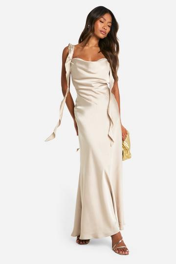 Champagne Beige Satin Frill Strap Maxi Dress