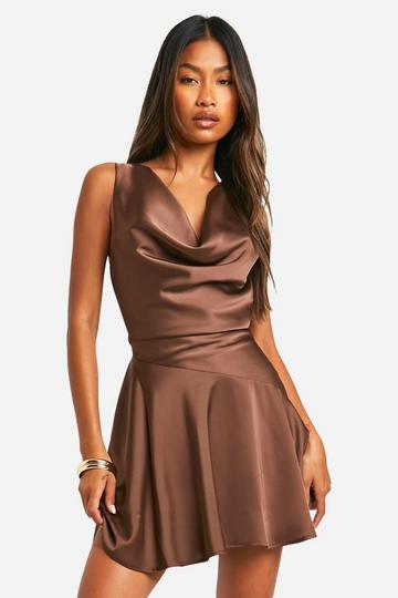 Satin Dropped Waist Mini Dress chocolate