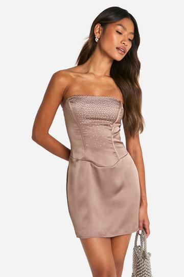 Mocha Beige Diamante Corset Satin Mini Dress