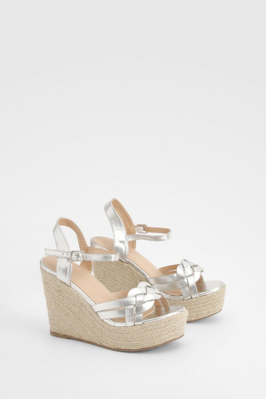 Silver Metallic Woven Front Espadrille Wedges 