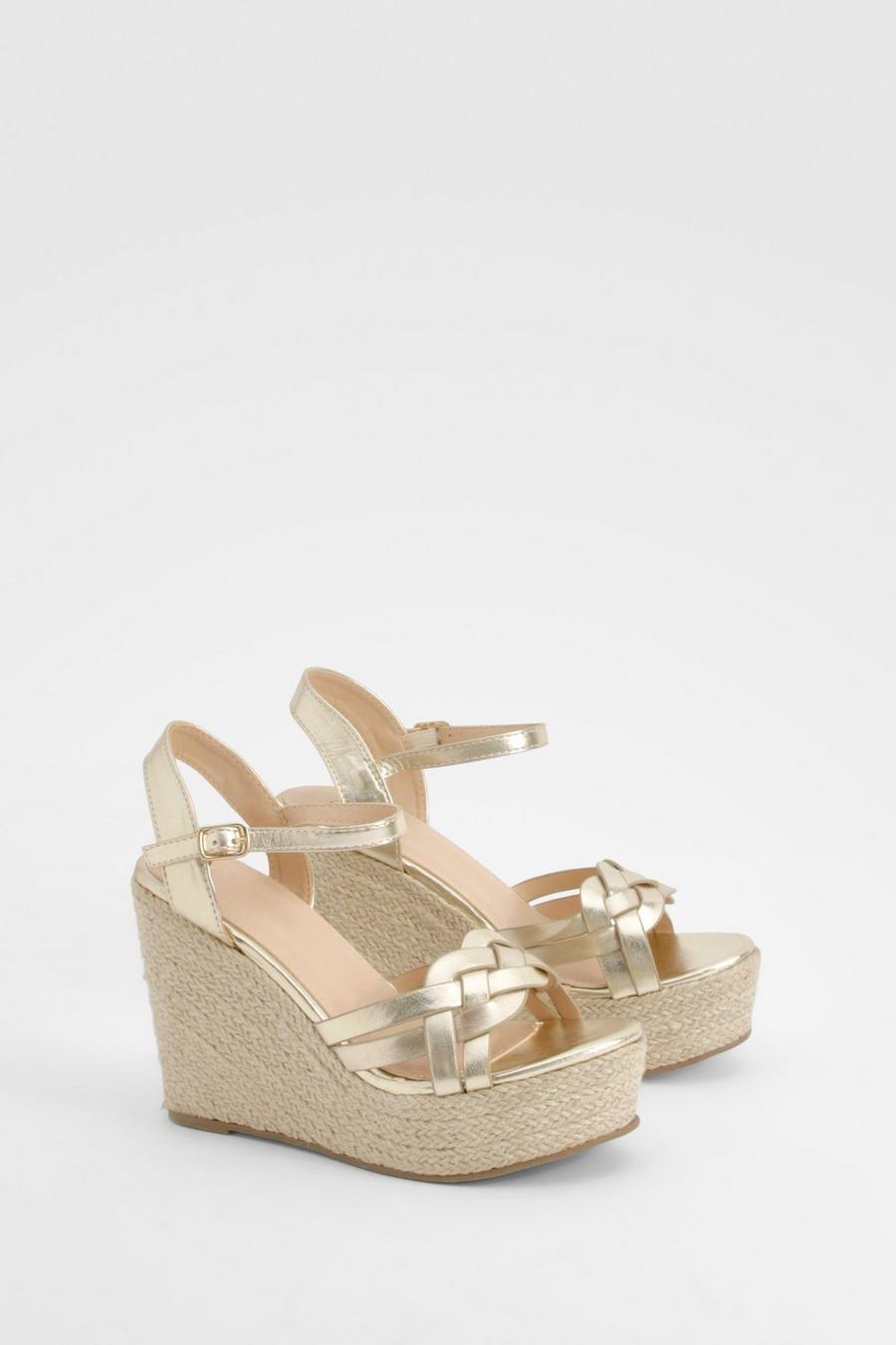 Gold Metallic Woven Front Espadrille Wedges image number 1