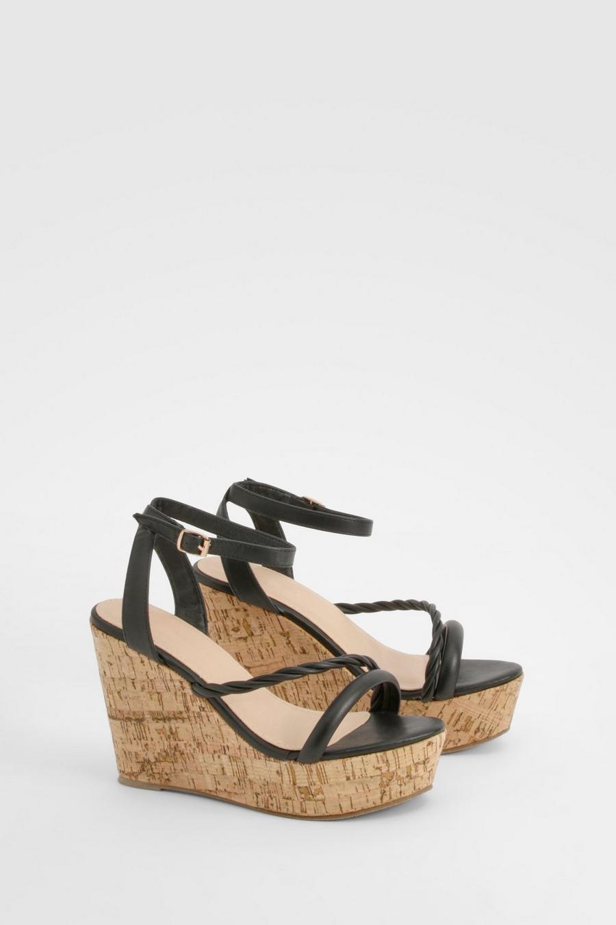 Black Asymmetric Strappy Cork Wedges   image number 1