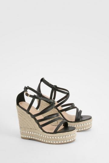 Wide Width Strappy Stud Detail Espadrille Wedges black