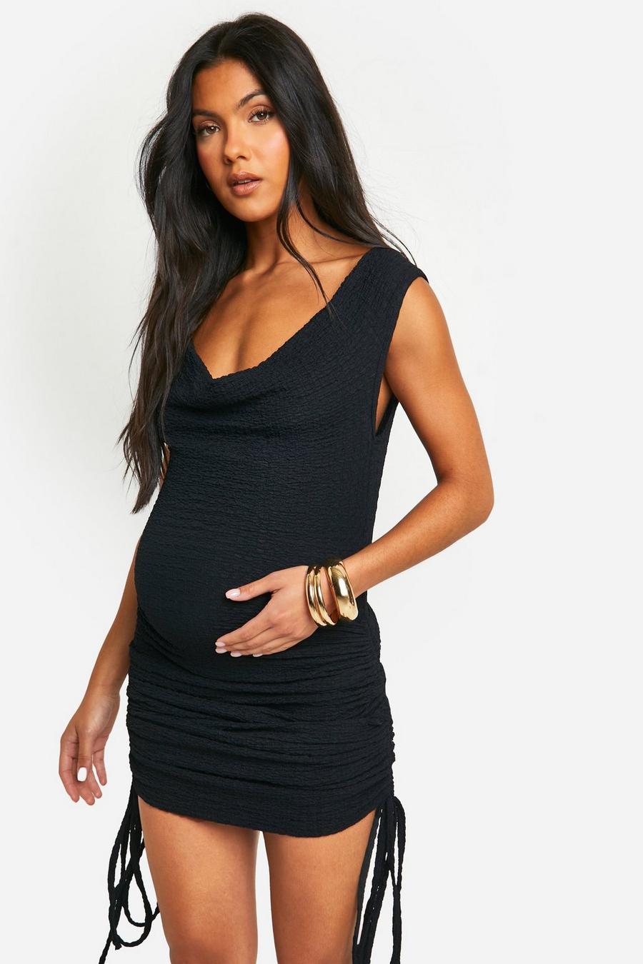 Black Maternity Textured Side Ruched Mini Dress image number 1