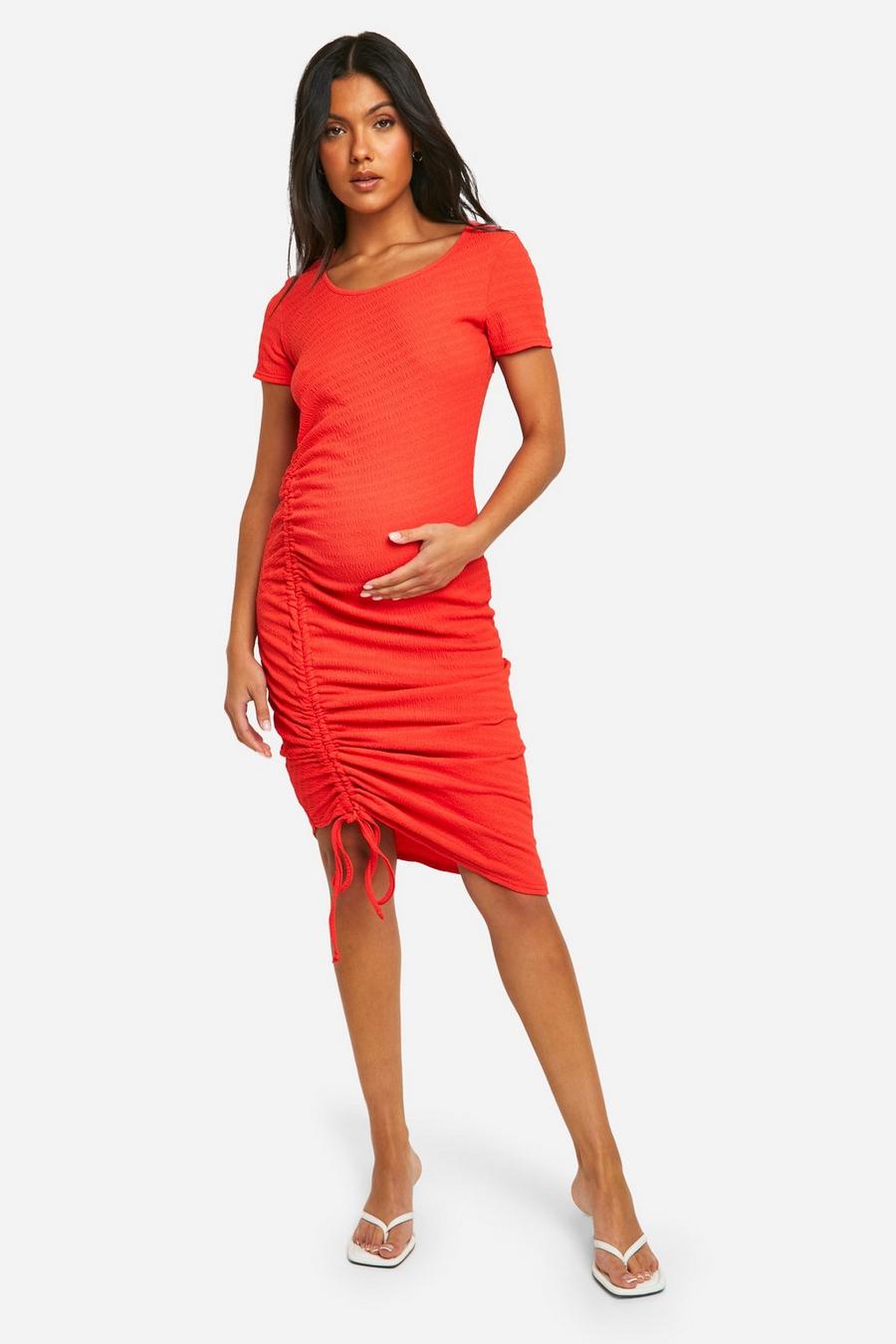 Orange Maternity Textured Short Sleeve Ruched Midi Dress image number 1