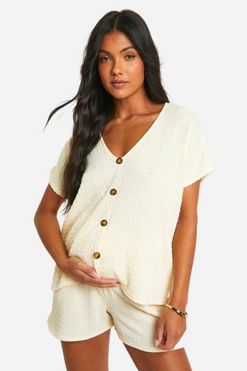 Cream White Maternity Crinkle Button Down Short Sleeve Shirt